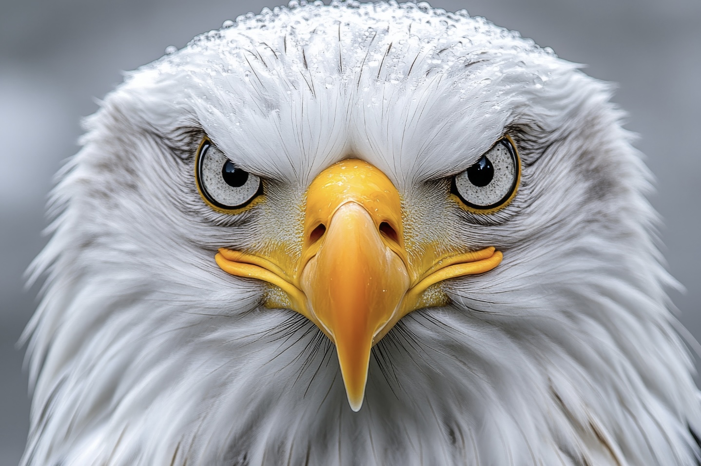 Close-up of a fierce bald eagle with piercing eyes and water droplets on its feathers, symbolizing strength and freedom.